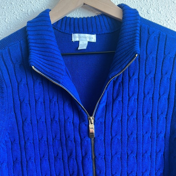 NWT Charter Club Cable Knit Full Zip Yarn Cobalt Blue Sweater Jacket Size Large - Picture 3 of 5